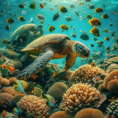 Sea Turtles Grazing Green sea turtles feeding on algae covered c