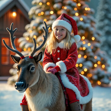 M&auml;dchen im Weihnachtskost&uuml;m reitet auf einem Rentier