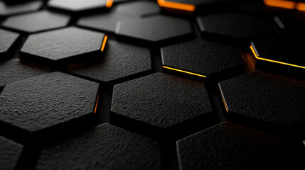Obraz premium Abstract dark hexagon pattern with orange glowing lines.