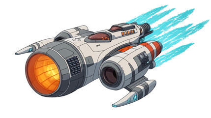 A cartoon space cruiser with a large engine and thrusters on a white background