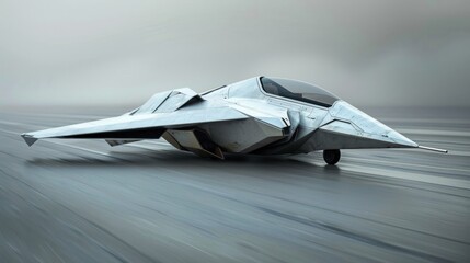 A futuristic, sleek aircraft design on a runway, showcasing advanced technology and innovation.