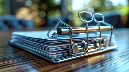 A close-up of a binder holding sheets of paper on a wooden table, suggesting organization.
