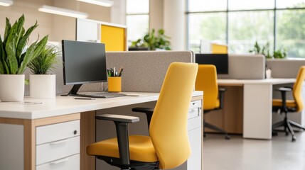 Bright and Modern Office Workspace with Yellow Accents and Plants