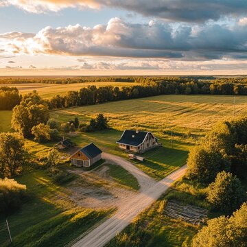 Latvia's rustic aerial vista: fields and farmhouse