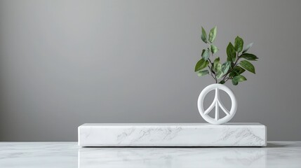 White marble peace symbol vase with green plant sprig on a marble base.