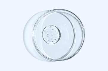 Skin serum or body gel in a Petri dish. Cosmetic product