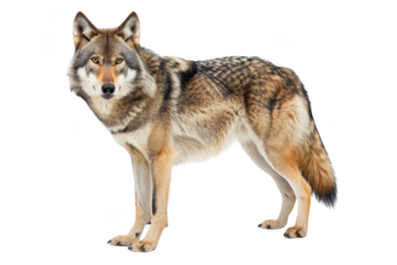 Wolf Stands Alert with Intense Gaze, wildlife predator, canine mammal.