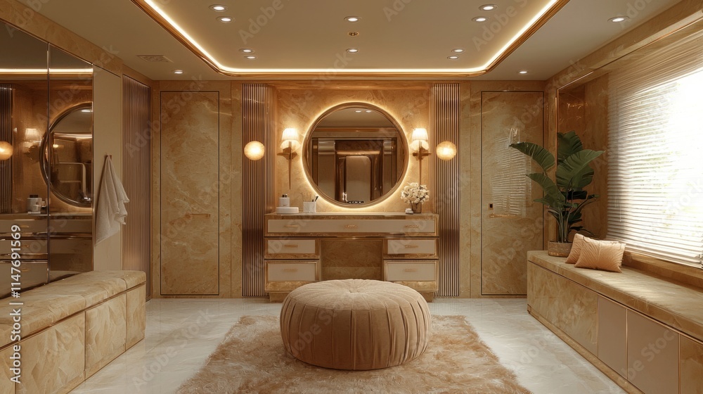 Poster a large room with a tan color and a mirror