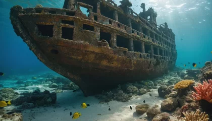 Fototapete Rund underwater shot of a large, rusted shipwreck partially submerged in a vibrant coral reef environment. © diditlagi