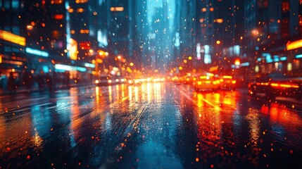Obraz premium Rainy city night, blurred lights, wet street.