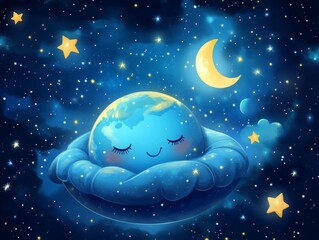 Naklejka premium Whimsical night sky with cute sleeping earth in the stars