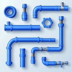 Collection of blue plumbing pipes and fittings arranged on a light backdrop, showcasing modern design components.