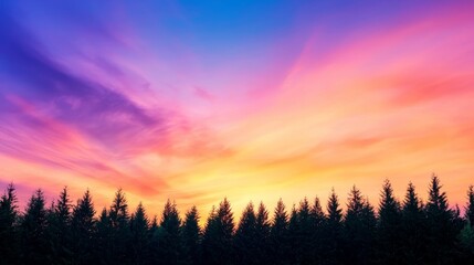 Obraz premium A vibrant sunset casts colorful hues across the sky, silhouetting a dark forest line against the stunning backdrop.