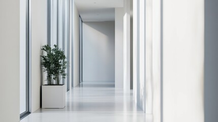 Minimalist modern hallway with clean, stylish design. Featuring neutral tones and sleek decor