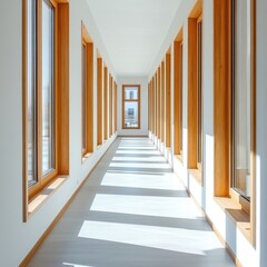 Fototapeta premium Bright modern hallway with wooden frames and abundant natural light creating a serene atmosphere.