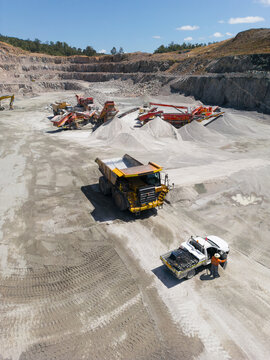 Aerial view of a dump truck in a quarry.