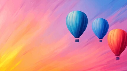 Obraz premium Colorful hot air balloons float against a vibrant sunset sky, creating a serene and uplifting atmosphere.
