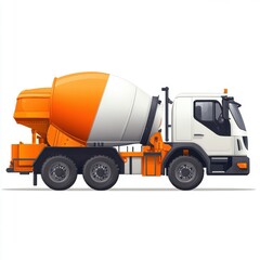 A side view of a large cement mixer truck in orange and white colors, parked on a clean surface.