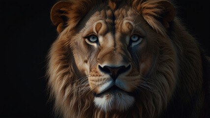 Powerful black lion stands alone against a deep dark background. Its thick mane and intense expression exude strength and mystery, creating a striking and cinematic fantasy atmosphere.