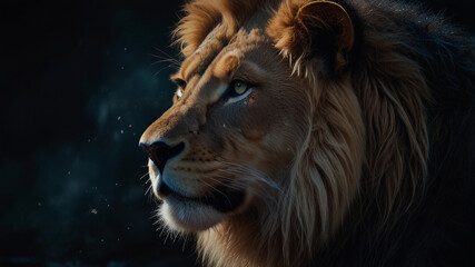 Naklejka premium Lion with deep black fur, illuminated by soft cinematic lighting. The dark background enhances the lion’s powerful silhouette, making it a bold and mysterious focal point.