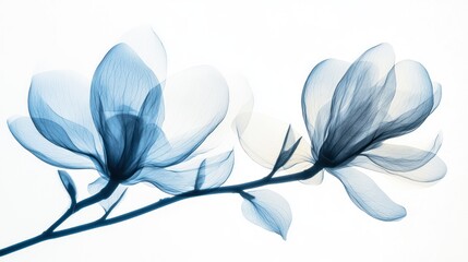 Naklejka premium Two translucent blue magnolias on a branch against a white background.