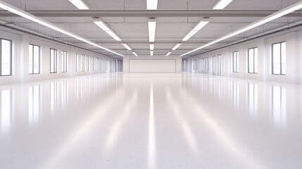 Bright and spacious modern interior with reflective floors and large windows.