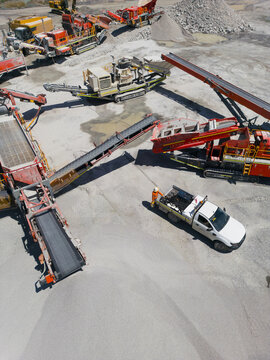 Aerial view of the quarry with machineries.
