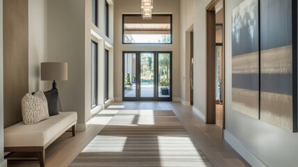 Minimalist modern hallway with clean, stylish design. Featuring neutral tones and sleek decor