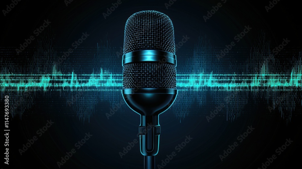 Poster simple, flat podcast icon design featuring a microphone and sound waves on a dark background