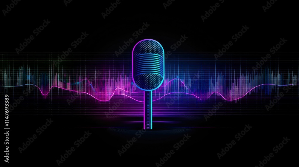 Poster simple, flat podcast icon design featuring a microphone and sound waves on a dark background