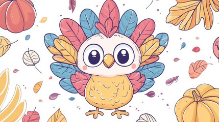 Naklejka premium Cute autumn cartoon owl with colorful feathers and leaves pattern