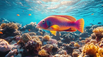 Fototapeta premium Vibrant coral reef fish swimming amidst colorful corals and other fish in sunlit ocean water.