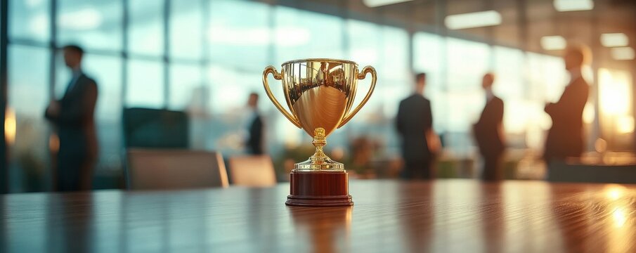 Award trophy on a corporate table at sunset.