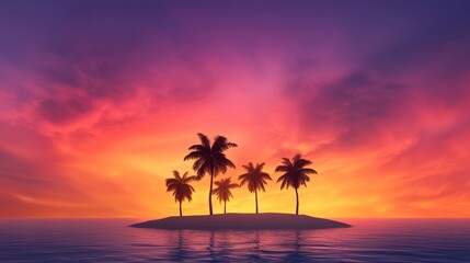 A serene tropical sunset over an island with silhouetted palm trees, casting a tranquil atmosphere on the calm ocean waters.