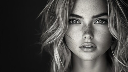 Naklejka premium Freckled woman's face, blonde wavy hair, monochrome.