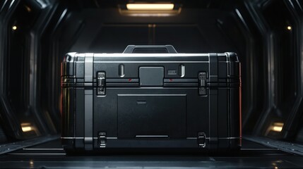 Futuristic Metal Cargo Container In A Dark Corridor