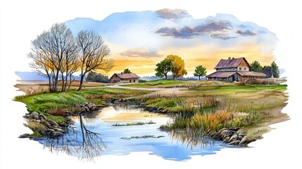 Fototapeta premium A serene landscape featuring a tranquil river, lush greenery, and rustic houses under a colorful sky at sunset.