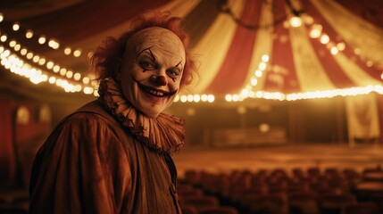 Sinister Clown with Creepy Grin in Vintage Circus Tent with Dramatic Lighting

