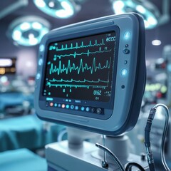 Obraz premium Close-up of a medical monitor displaying vital signs in a clinical setting, with a focus on heart rate data.