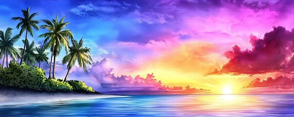 A vibrant sunset over a tranquil ocean, framed by lush palm trees and colorful clouds, creating a serene tropical atmosphere.
