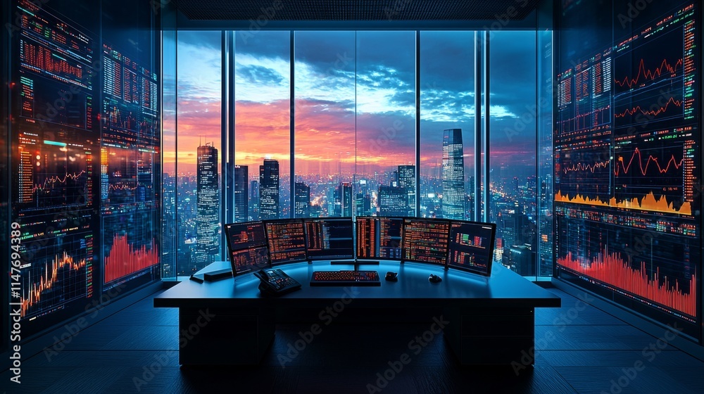 Poster A computer room with a large monitor and a desk with a keyboard and mouse