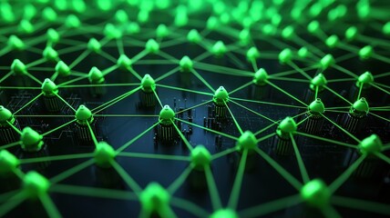 Obraz premium A vibrant, abstract representation of a network, featuring interconnected green nodes and lines against a dark background, symbolizing connectivity and technology.