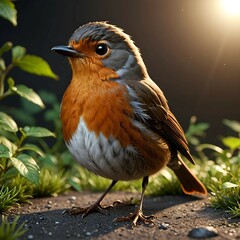 The robin is depicted in a serene garden setting, showcasing its beauty and elegance.