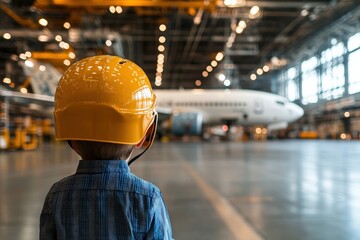 A child in a yellow hard hat watches an airplane in a spacious hangar, embodying curiosity and dreams of aviation.