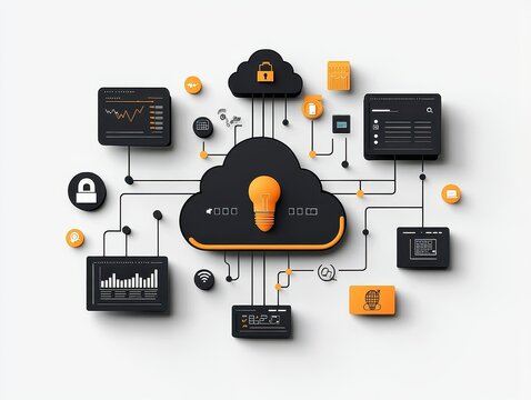 A cloud computing illustration featuring icons for security, data analysis, and connectivity, emphasizing modern digital solutions.