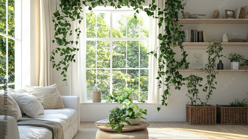 Poster english ivy plant trailing down from a high shelf in a boho-style living room