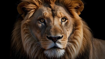 Fototapeta premium Front view portrait of a lion on black background, Africa wildlife
