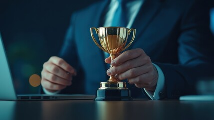 Businessman holding trophy in office setting.