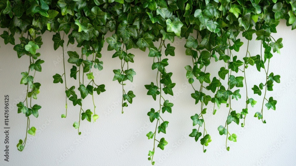 Poster english ivy plant trailing down from a high shelf in a boho-style living room