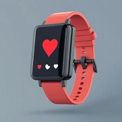 A modern smartwatch with a vibrant red strap displaying heart icons on its screen, symbolizing health and fitness.